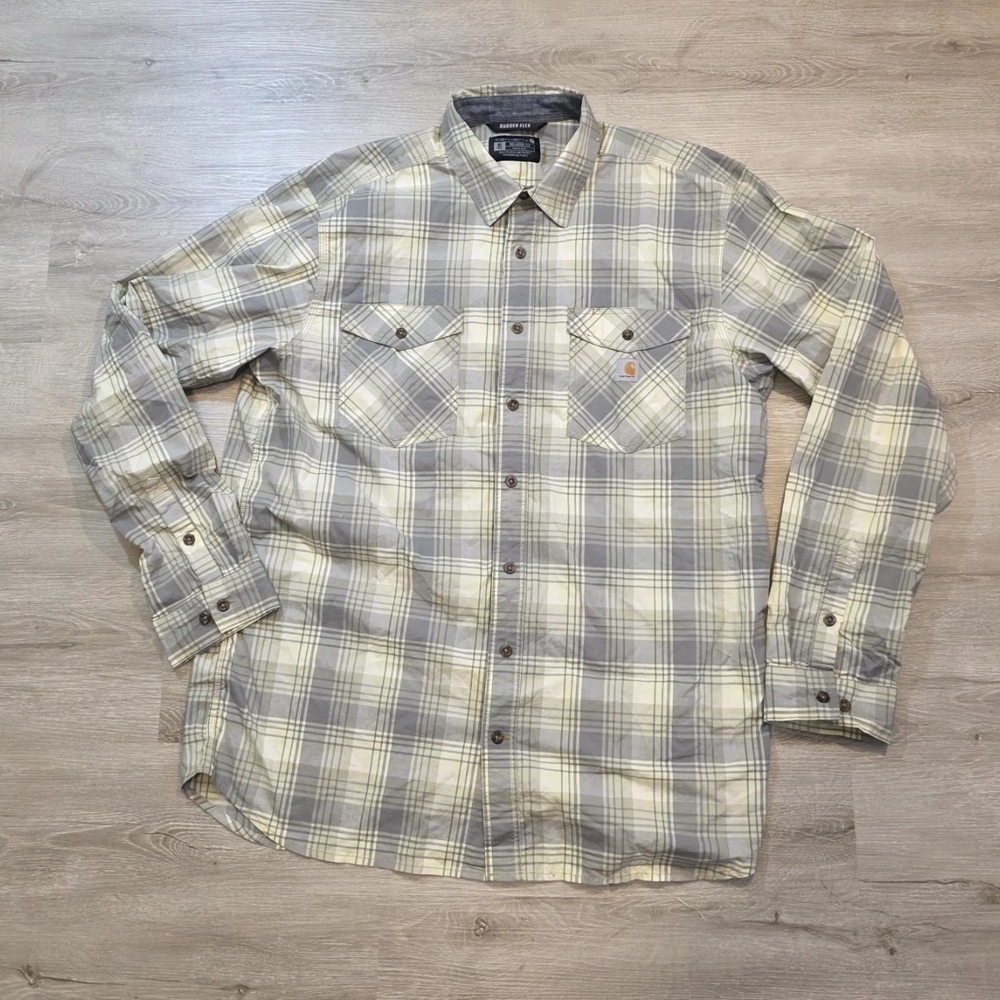 Carhartt Gray and Cream Plaid Casual Button Down Shirt